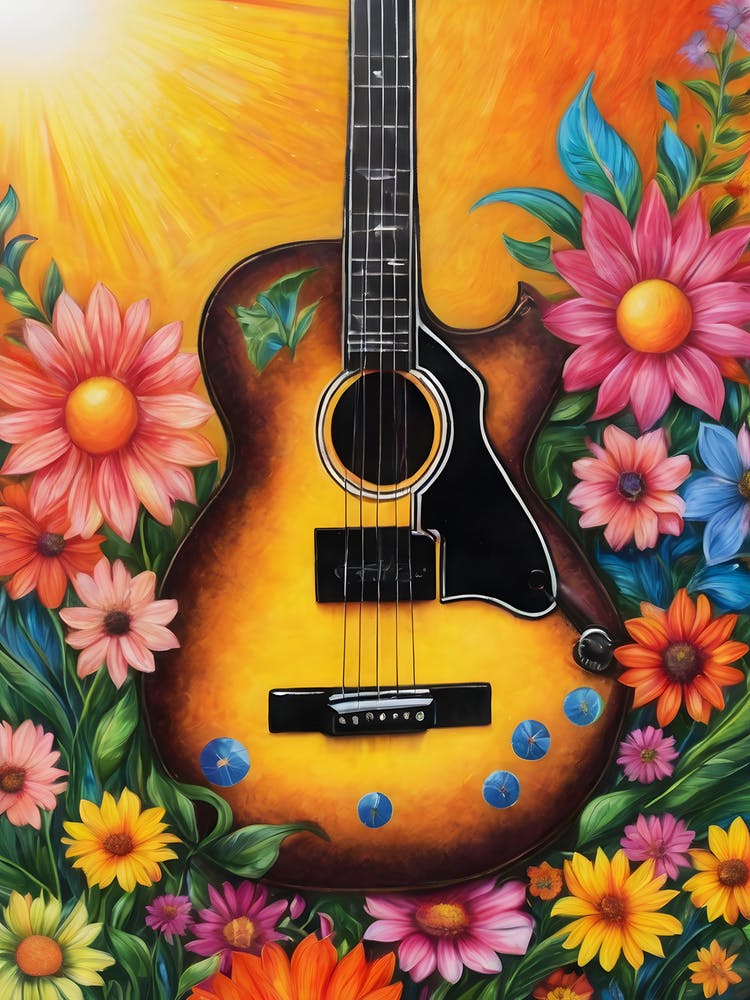 Hippie Rock Guitar - By Free Spirits and Hippies Official Wall Decor Artwork Hippy Bohemian Meditation Room Typography Groovy Trippy Psychedelic Boho Yoga Chick Gift For Her and Him Musician Music Makers
