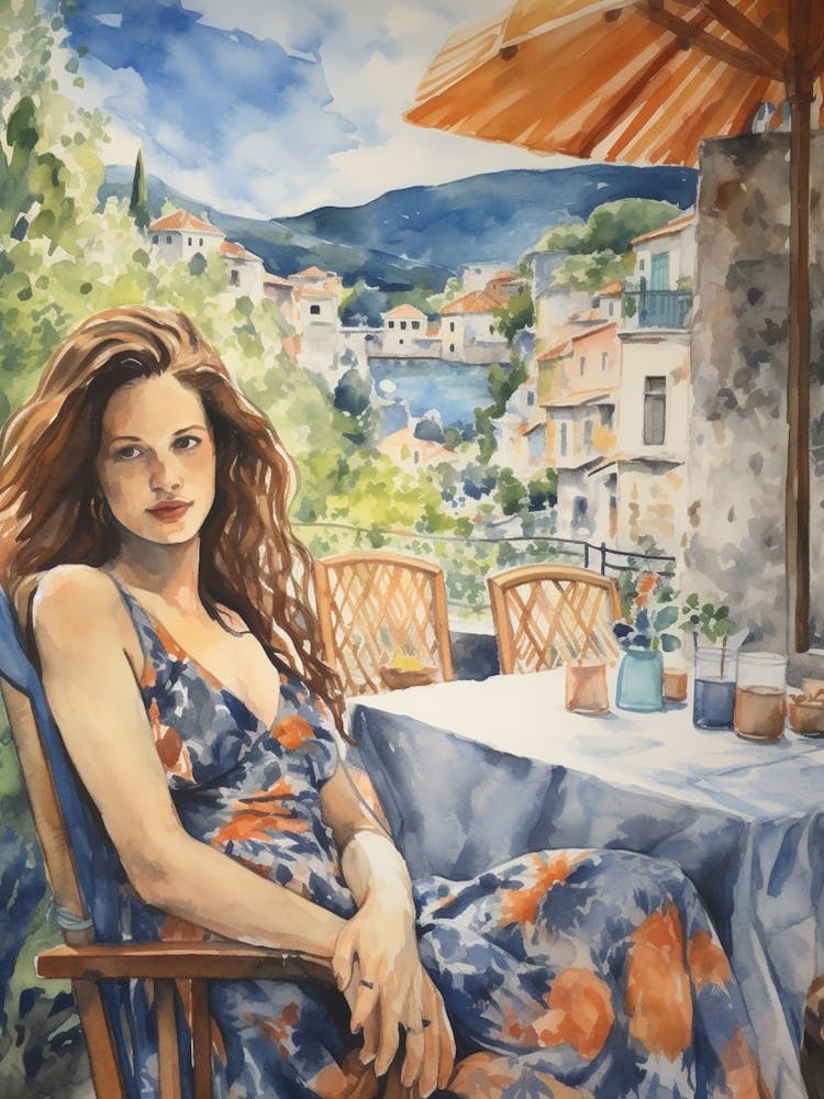 At A Cafe In Budva Montenegro Watercolour