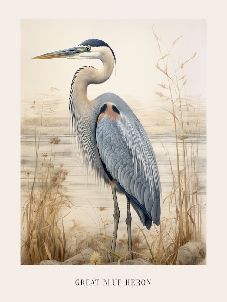 Vintage Bird Drawing Great Blue Heron 2 Poster
