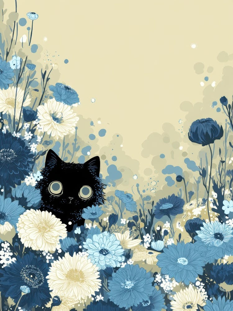 Black Cat In Blue Flowers 10