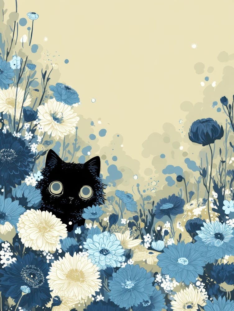 Black Cat In Blue Flowers 10