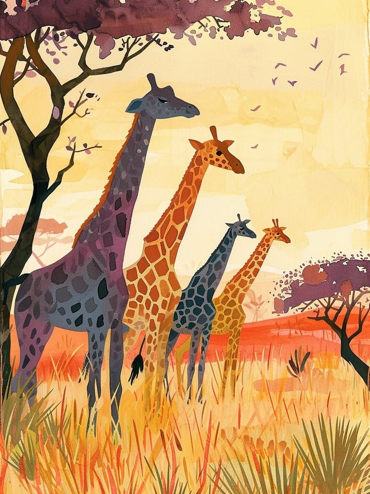 Herd Of Giraffe At Sunset Watercolour Illustration