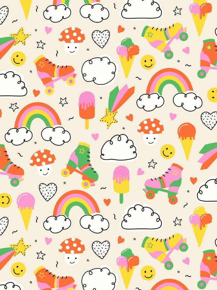 Happy 90s Groovy Pop Art Scattered Symbols Kids