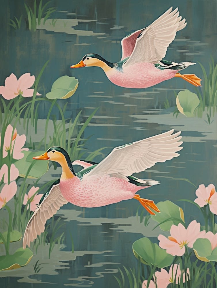 Vintage Japanese Inspired Bird Print Mallard Duck 2