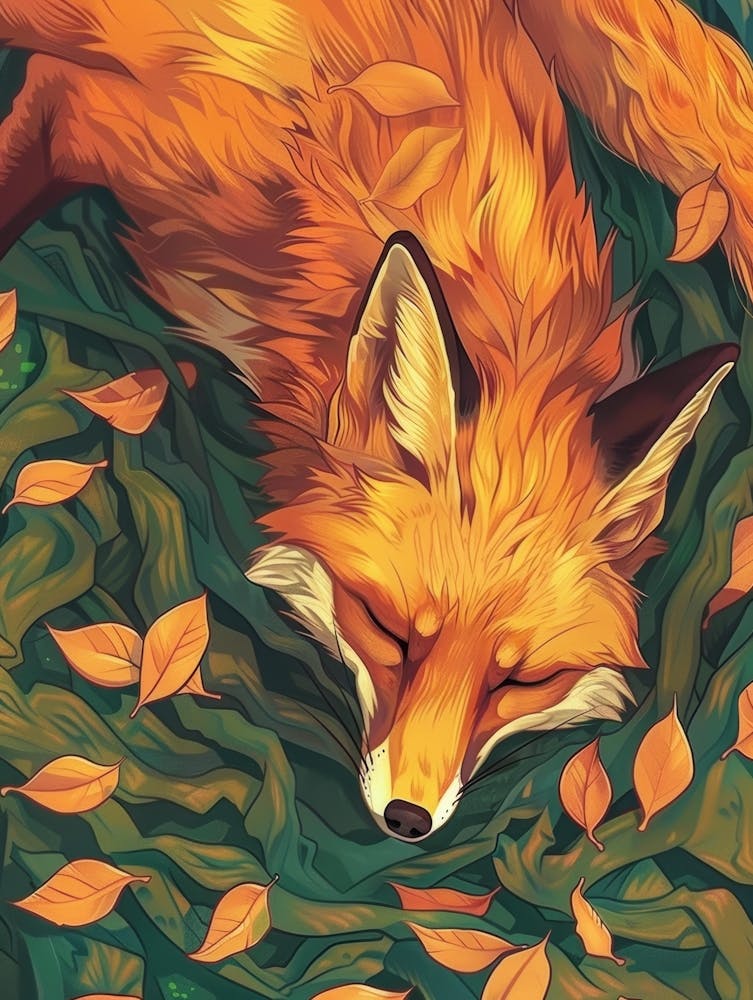 Fox Sleeping In Autumn Leaves
