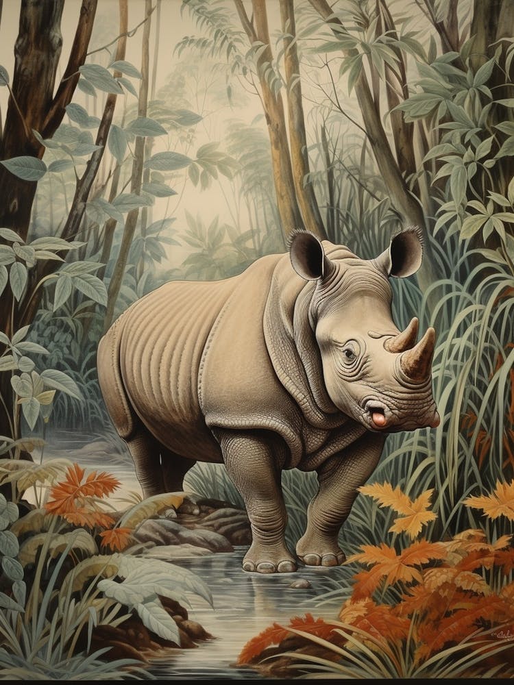 Deep In The Leaves Rhino Realistic Illustration 5
