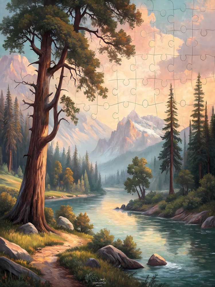 Oil Painting Style Rustic Riverside Puzzle Mountain Landscape at Sunset