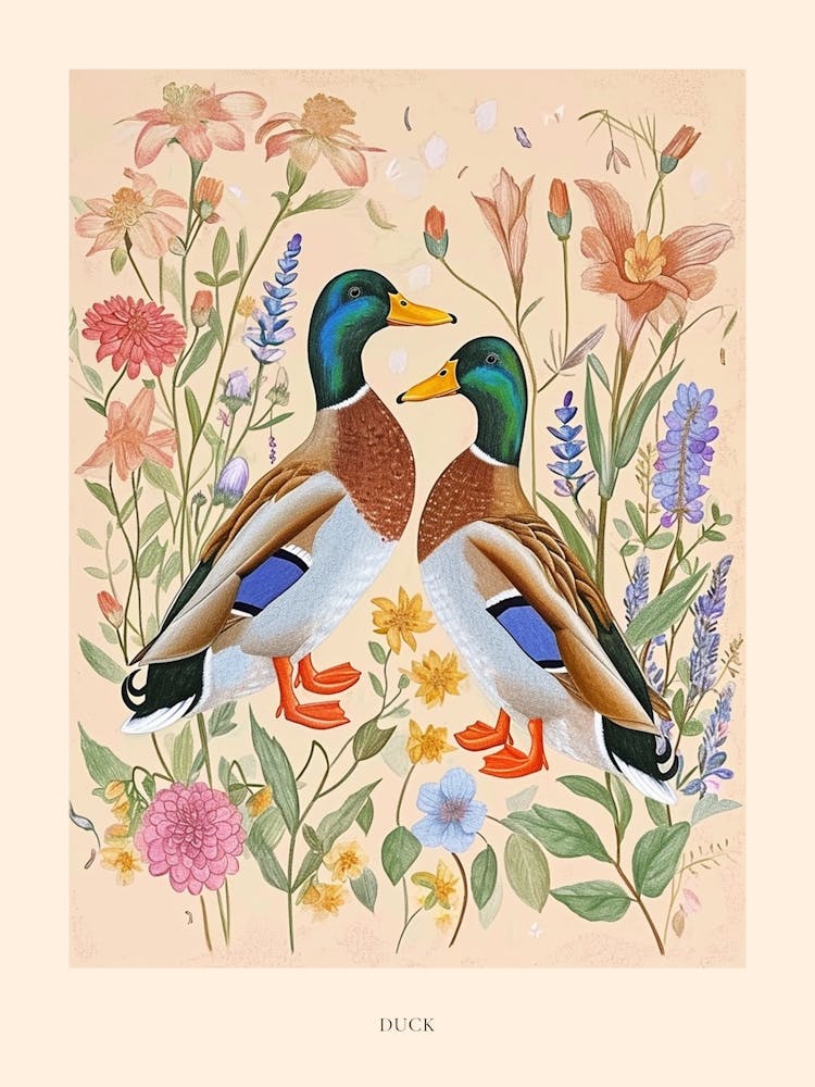 Folksy Floral Animal Drawing Duck Poster