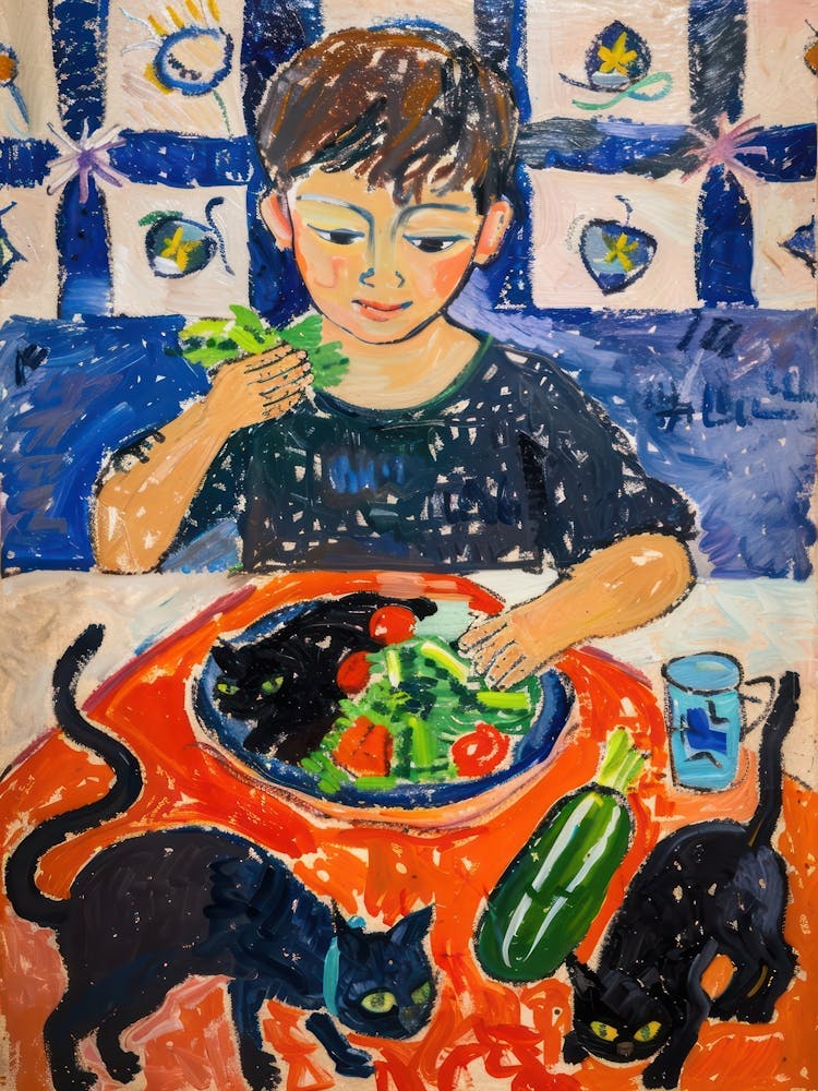 Porträt eines Jungen mit Katzen, die einen Salat essen 1