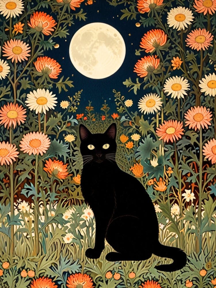 William Morris Black Cat In A Flower Field