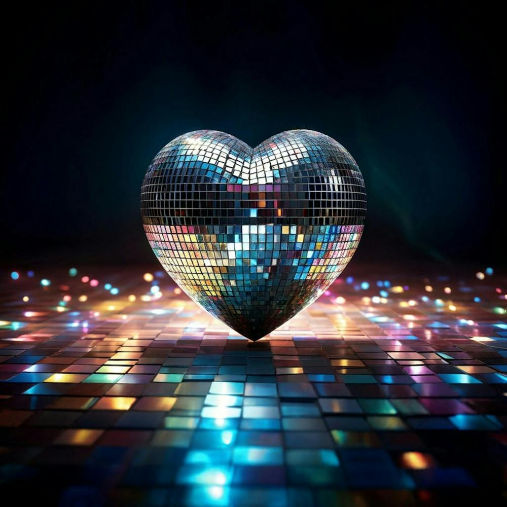 Heart Shaped Disco Ball Reflecting Vibrant Hues Suspended Mid Air Bathed In Soft Backlight Refle