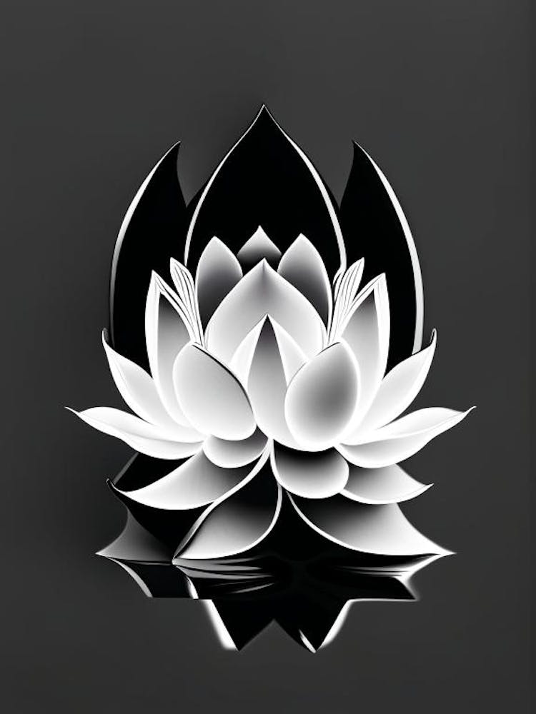 Blooming Lotus Flower In Lake Black And White Geometric 1