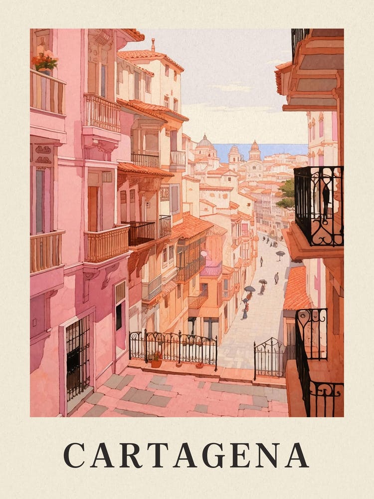 Cartagena Spain 2 Vintage Pink Travel Illustration Poster