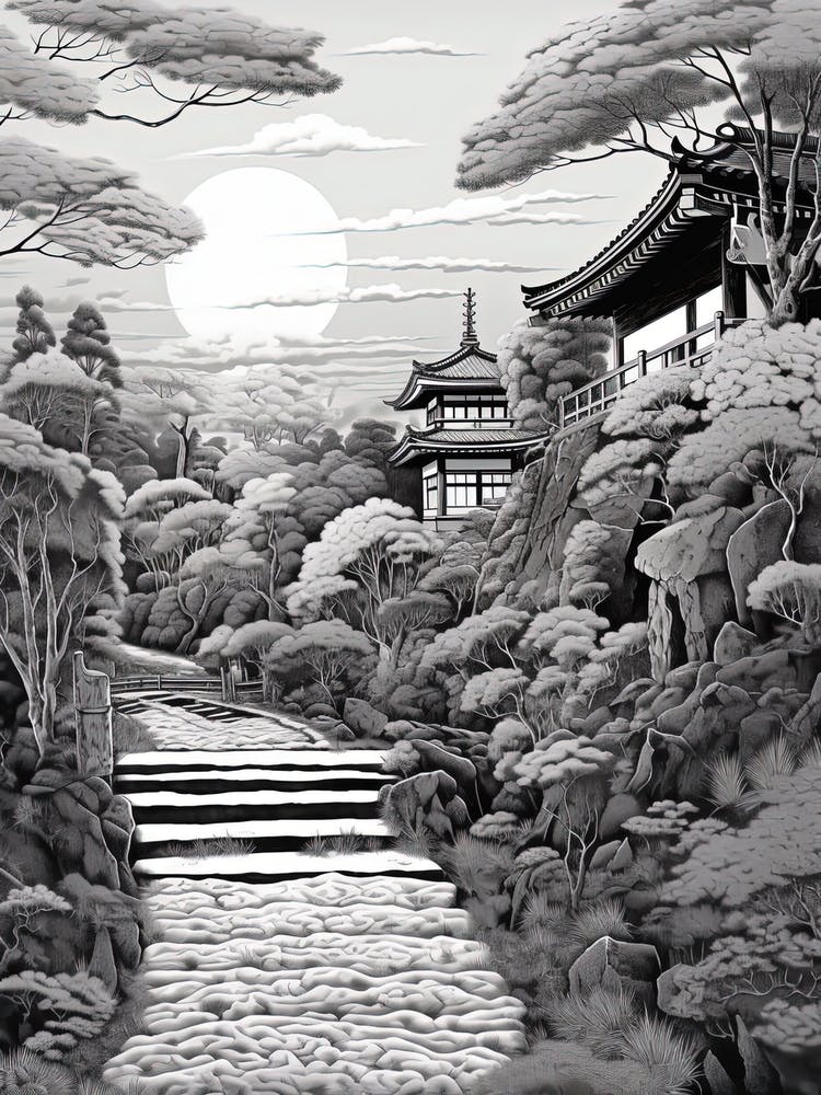 Ise Grand Shrine In Mie, Ukiyo E Black And White Line Art Drawing 3