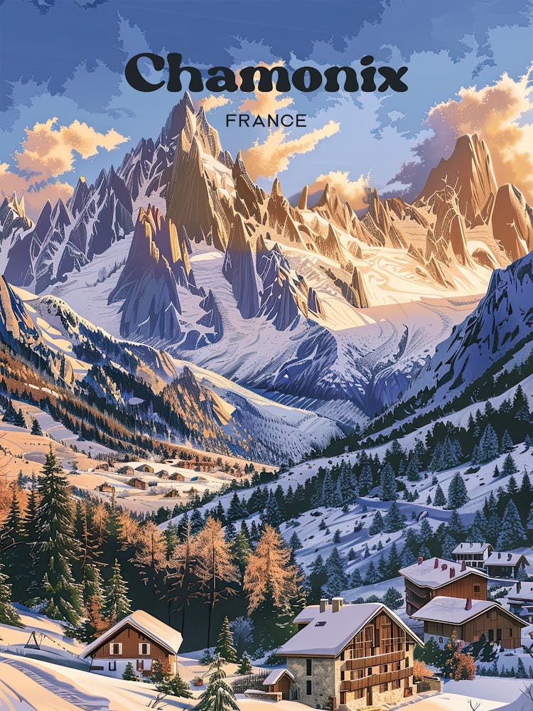 Chamonix France Snowy Travel Art Illustration