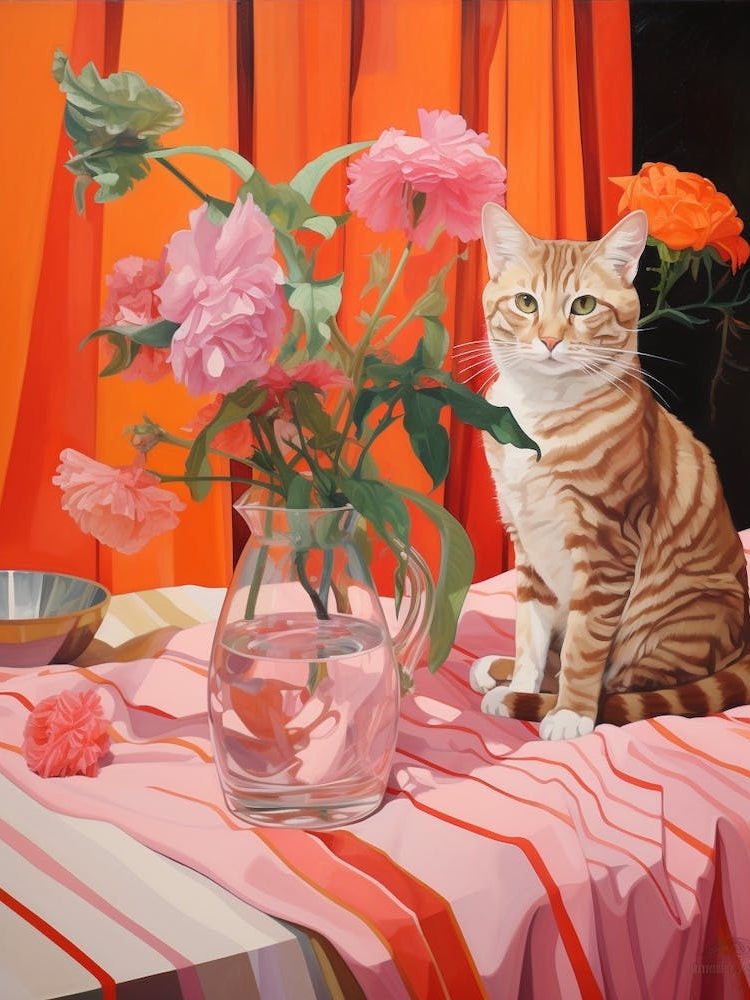 Cat And Flowers Still Life