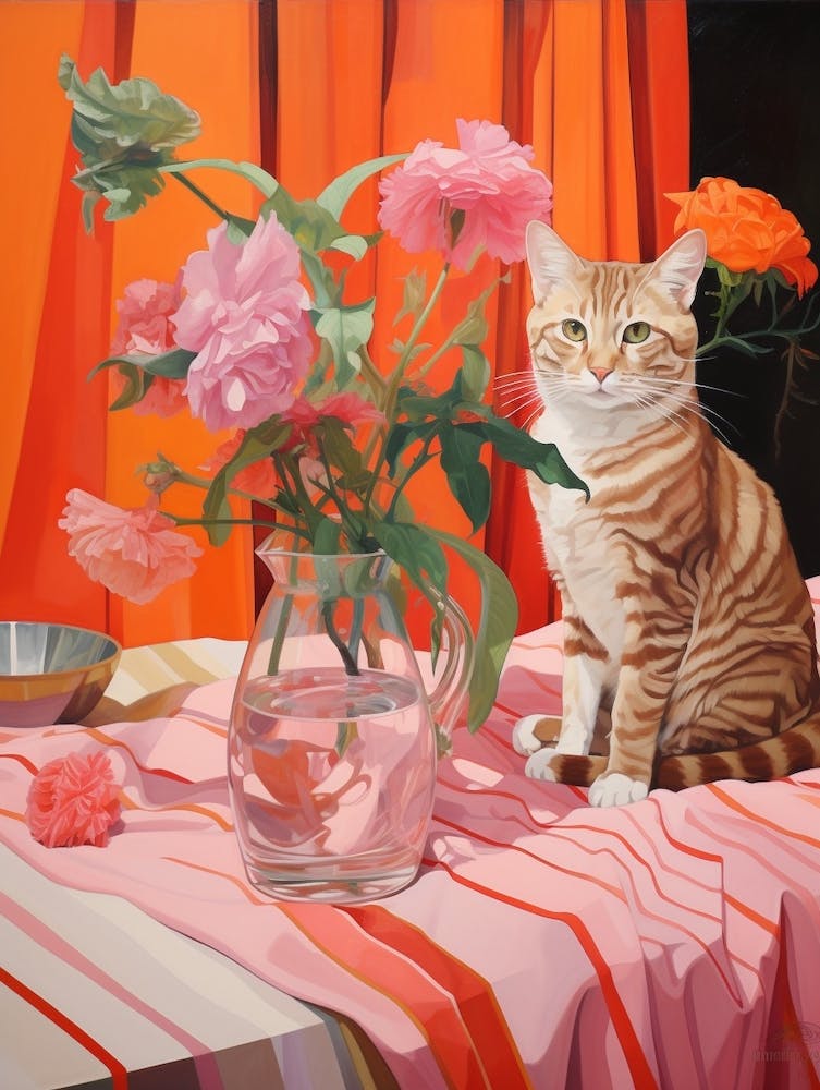 Cat And Flowers Still Life
