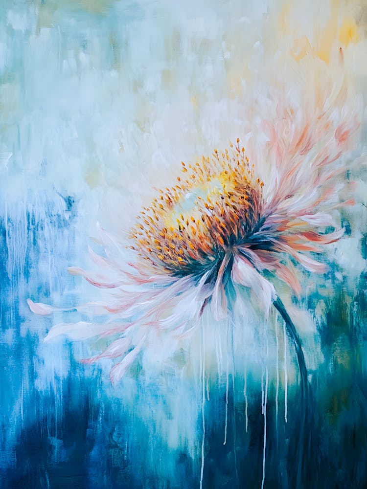 Abstract Floral Wall Art – Blue & Gold Dripping Flower Painting