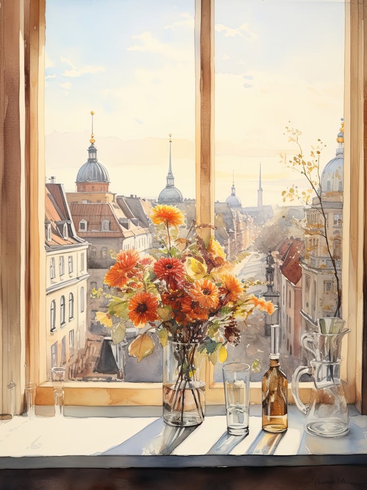 Window View Of Berlin Germany In Autumn Fall, Watercolour 4