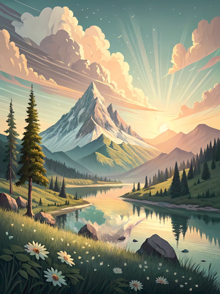 Oil Painting Style Sunrise Mountain Lake Alpine Landscape with Wildflowers