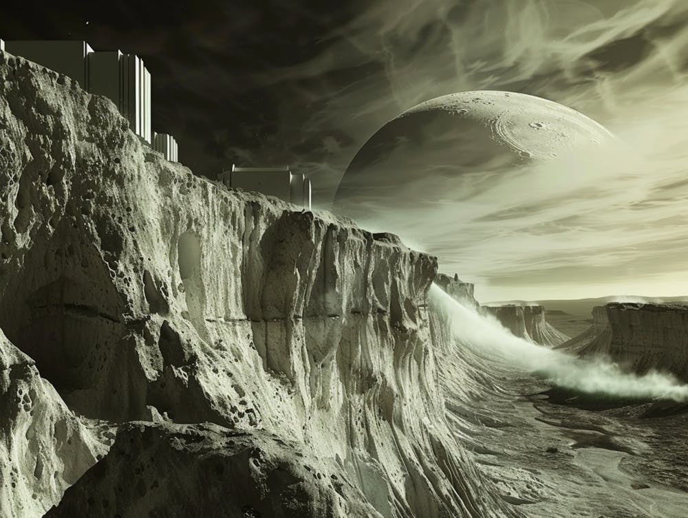 Bond Villain Lair In A Side Of A Cliff, Ultramodern Space Base, On The Surface Of Moon, Ringed Planet Saturn Visible In The Distance, Immense Rock Cliff, High Contrast Shadows, Dust, Epic Science Fiction Establishing Shot 1