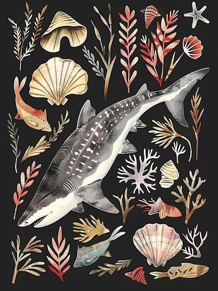 Greenland Shark Seascape Black Background Illustration 3