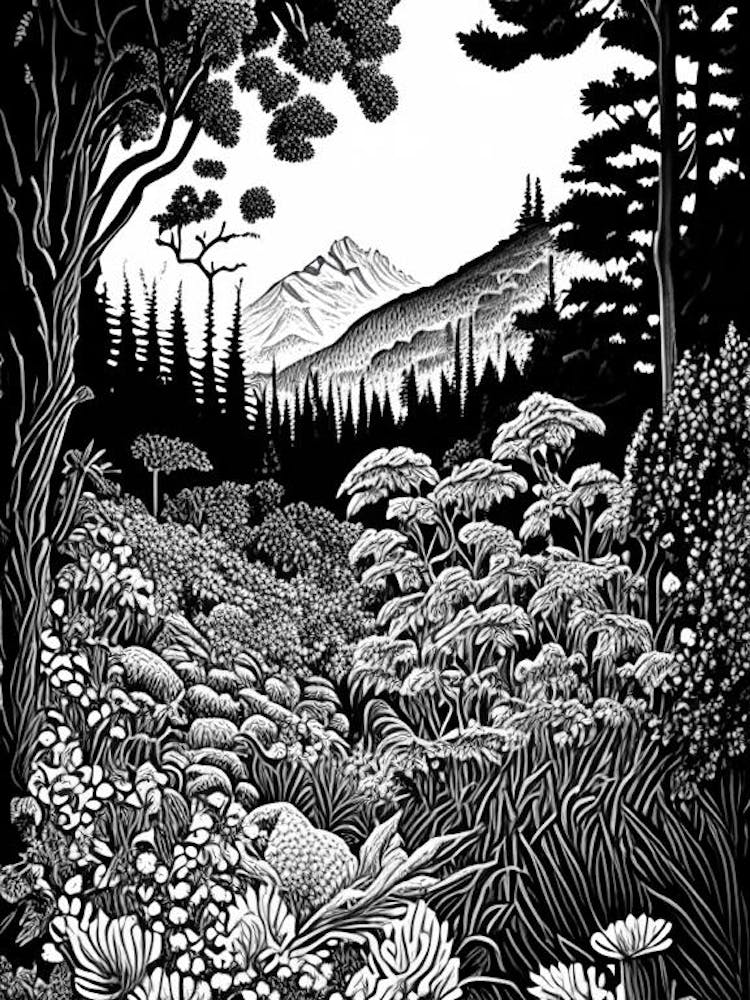 Giardino Botanico Alpino Di Pietra Corva,  Italy Linocut Black And White Vintage