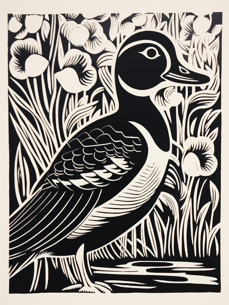 B&W Bird Linocut Wood Duck 1