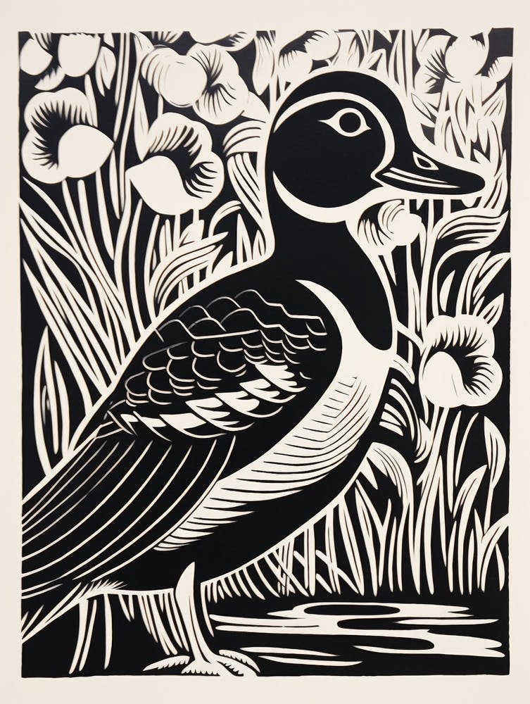 B&W Bird Linocut Wood Duck 1