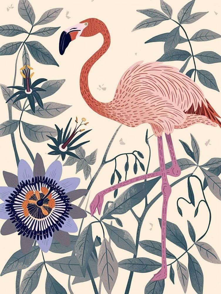 Jamess Flamingo And Passionflowers Minimalist Illustration 1