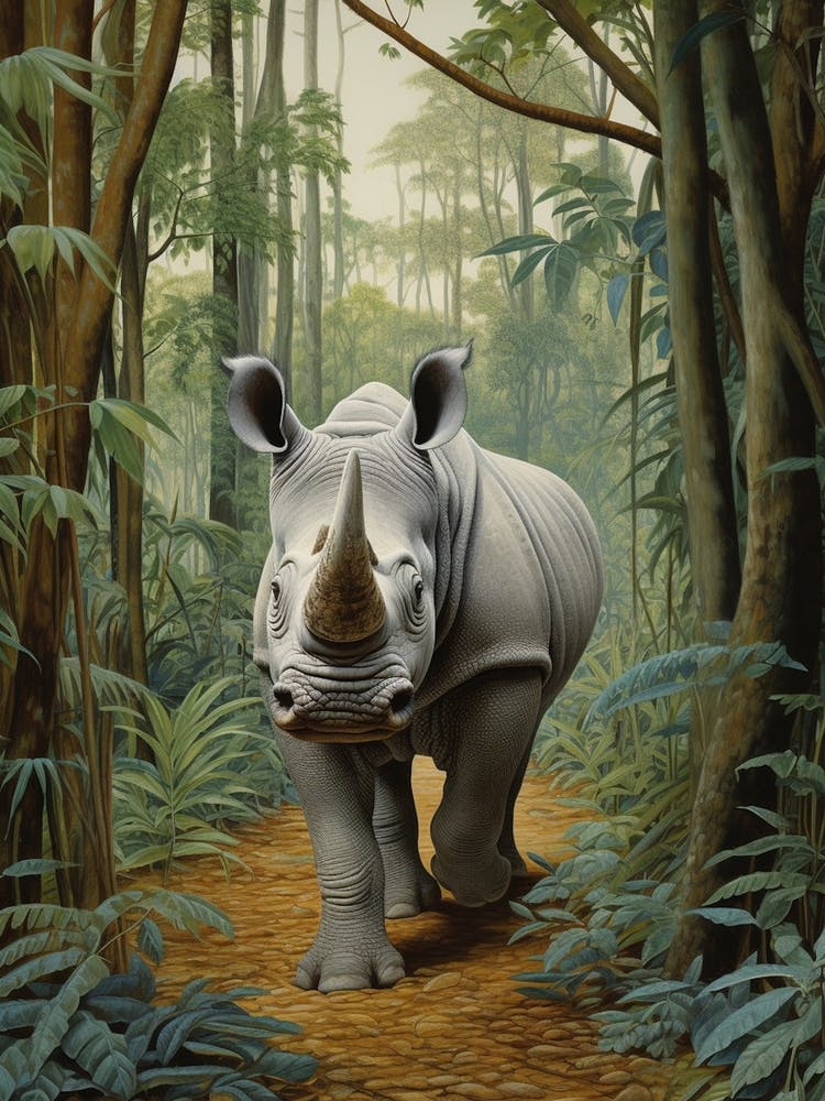 Rhino In The Leaves Realistic Illustration 1
