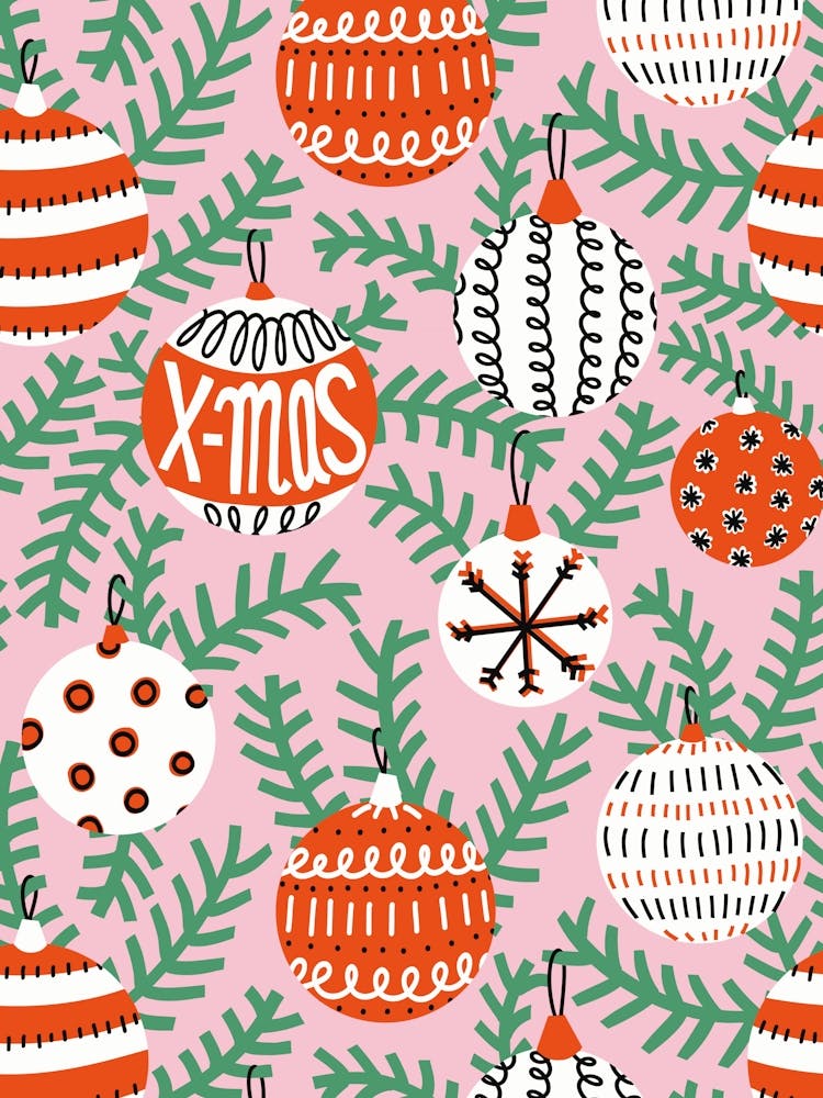 Vintage Christmas Baubles Hanging on Branches Red, White, Green on Pink