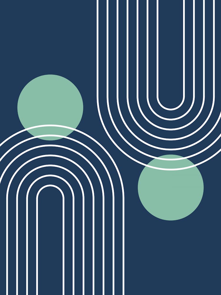 Mid Century Modern Geometric In Navy Blue And Greenery (Rainbow And Sun Abstract) 01