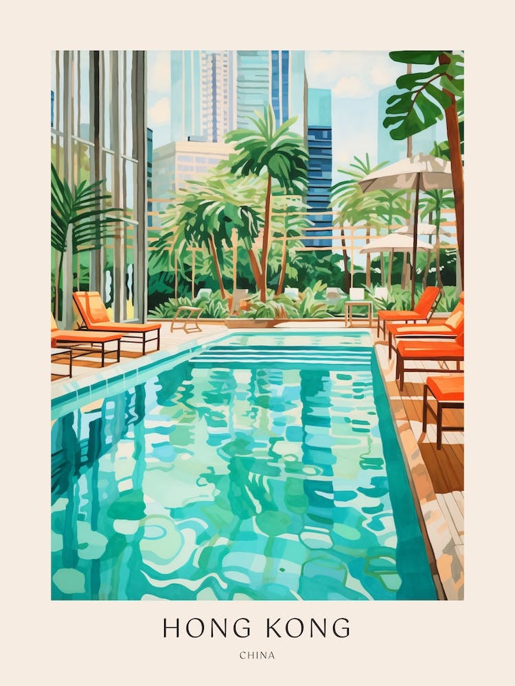 Hong Kong China 3 Midcentury Modern Pool Poster
