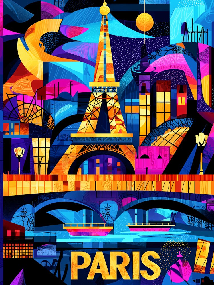 Paris Colorful Nights – Geometric Eiffel Tower Art Poster