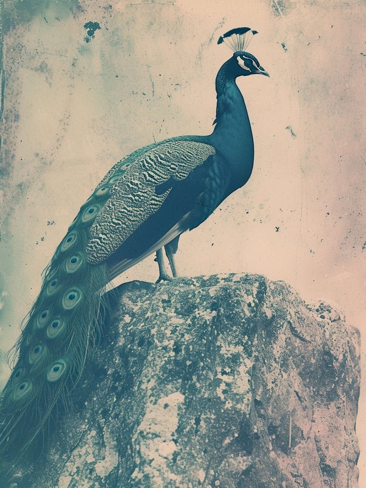 Paon Turquoise Vintage Sur Un Rocher Style Photographie 3