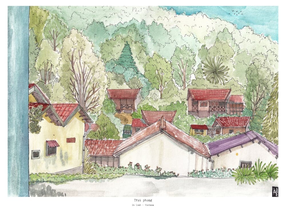 Vietnam - Wooden Houses in a Forest Watercolor Drawing - Vietnamese Landscape Illustration