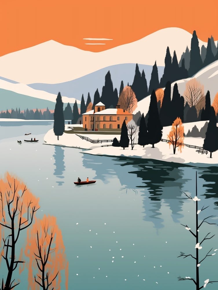 Retro Winter Illustration Lake Como Italy 1