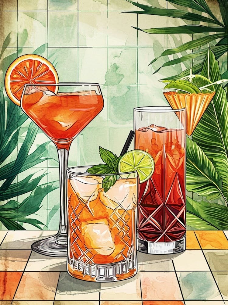 Mai Tai avec Feuilles Tropicales en Arrière-Plan - Illustration