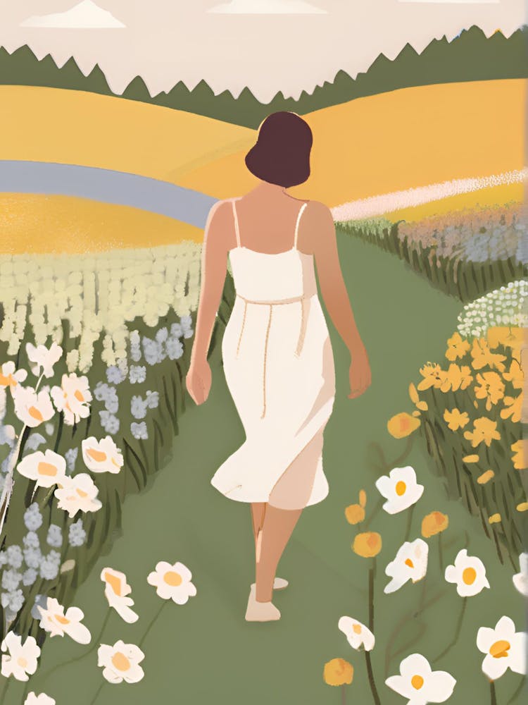 Woman Walking Through A Field Of Flowers