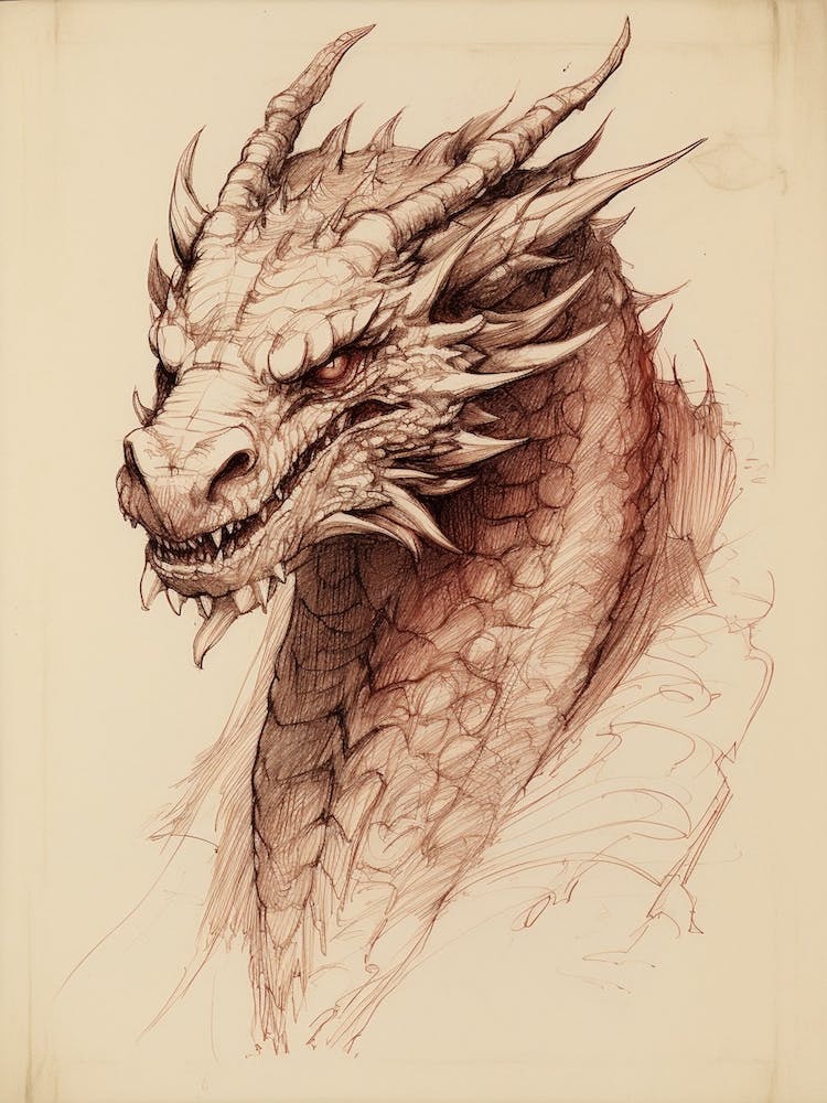 Vintage Dragon Line Drawing 2