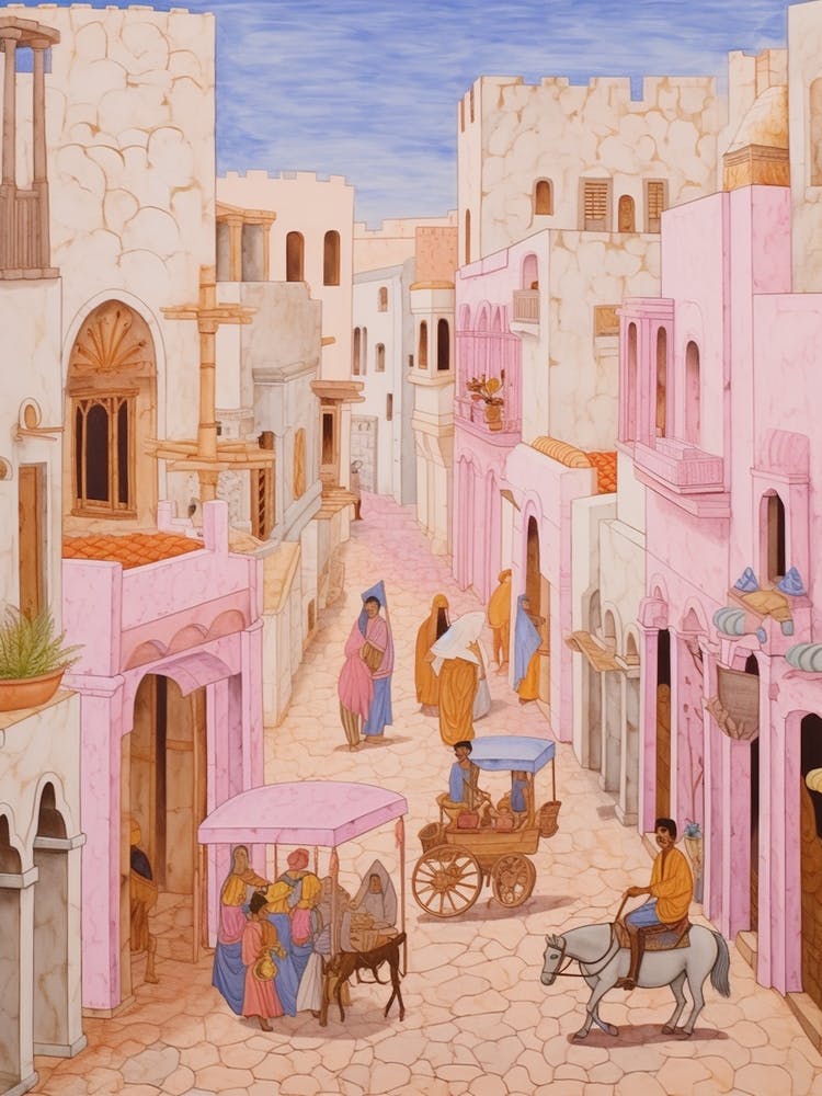 Sousse Tunisia 3 Vintage Pink Travel Illustration