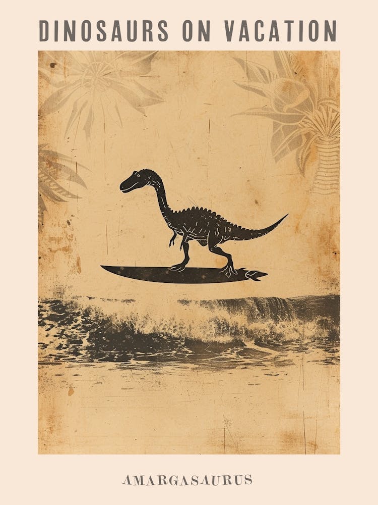 Vintage Amargasaurus Dinosaur On A Surf Board 4 Poster