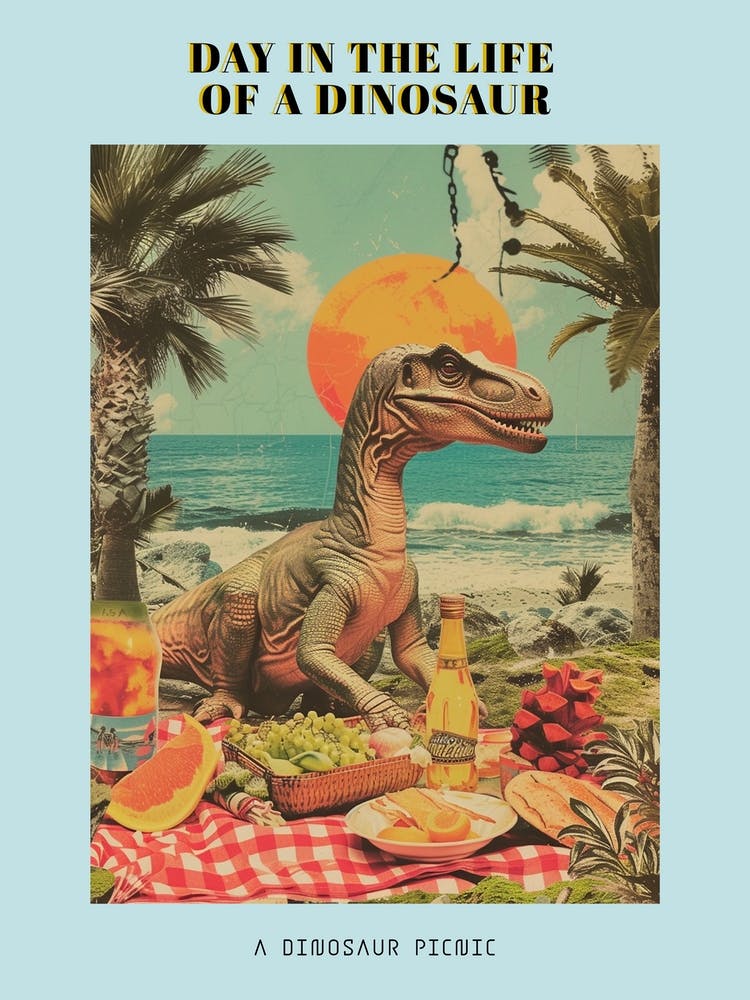 Dinosaure en Pique-nique, Collage Rétro 3, Affiche