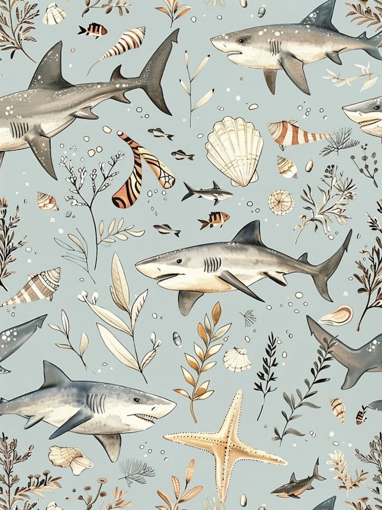 Pastel Blue Smooth Hammerhead Shark Watercolour Seascape 1