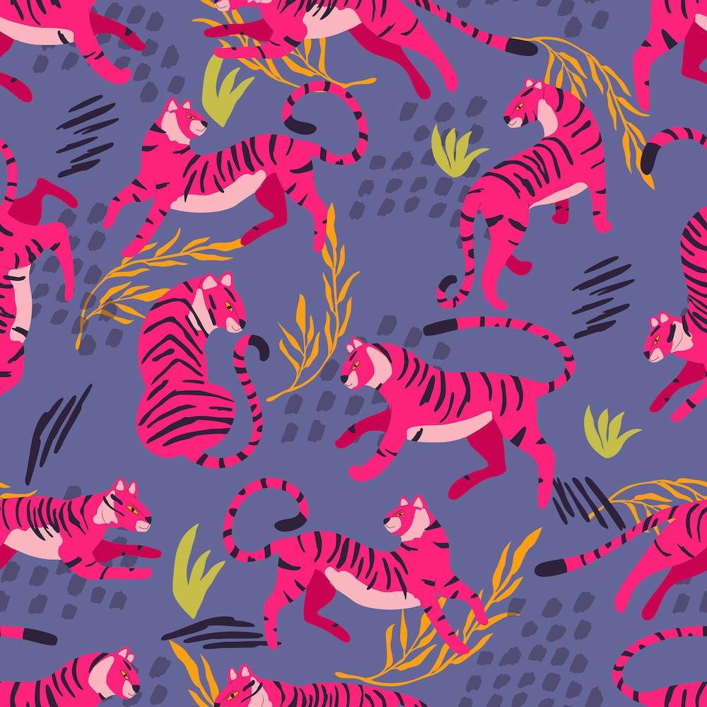 Vibrant Pink Tiger Pattern On Purple With Colorful Florals Square