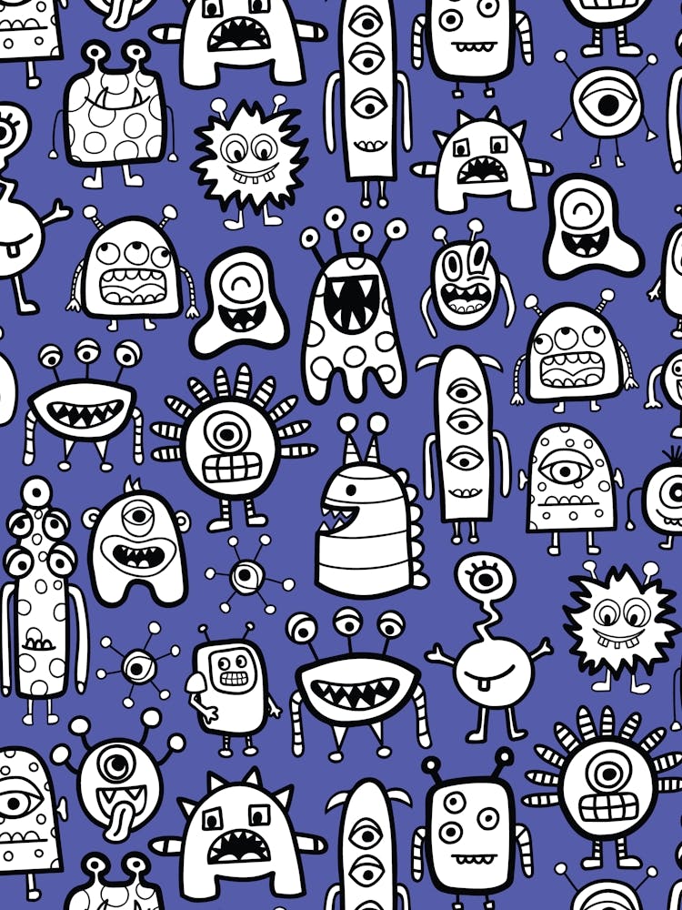 Happy Funky Monsters and Aliens Black and White on Purple Kids