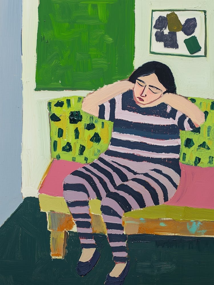 Tired Woman In Striped Pajamas