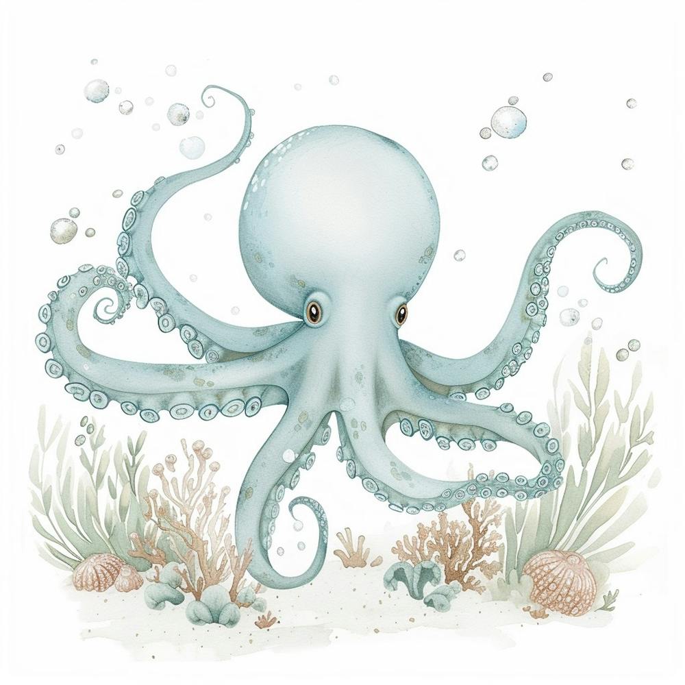 Storybook Style Octopus On The Ocean Floor With Aqua Marine Plants 7