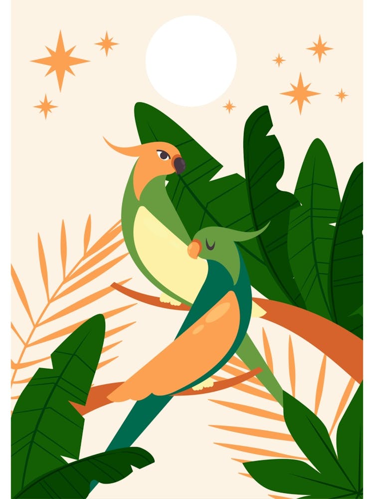 Two Parrots Perched On Branches